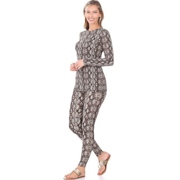 Zenana Outfitters Pants - Snakeskin Print Brushed Microfiber Top & Leggings Set (Tan Brown)-Large